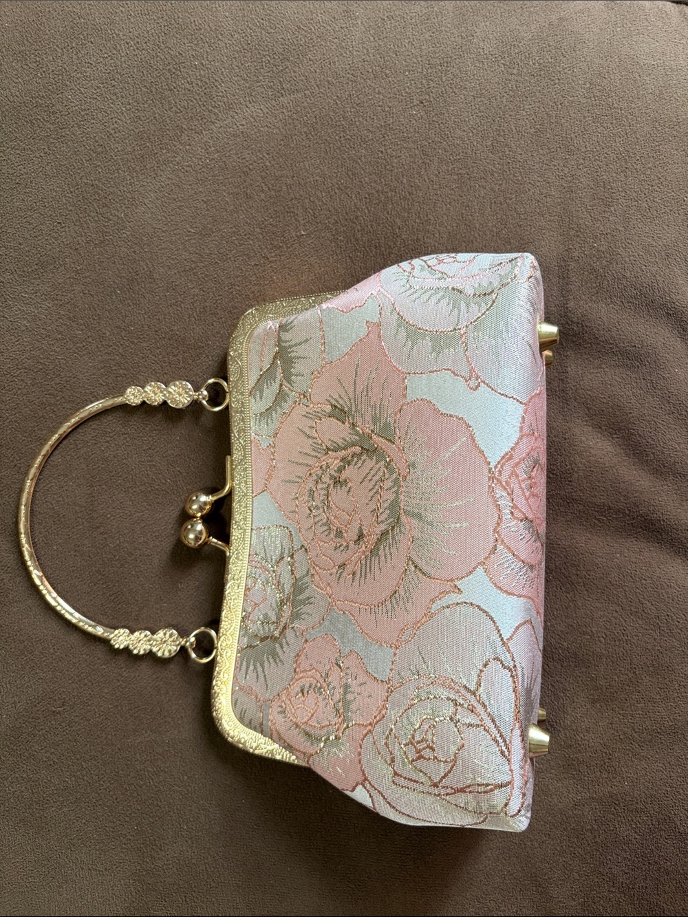 Elegant Pink Floral Jacquard Evening Bag with Gold Frame